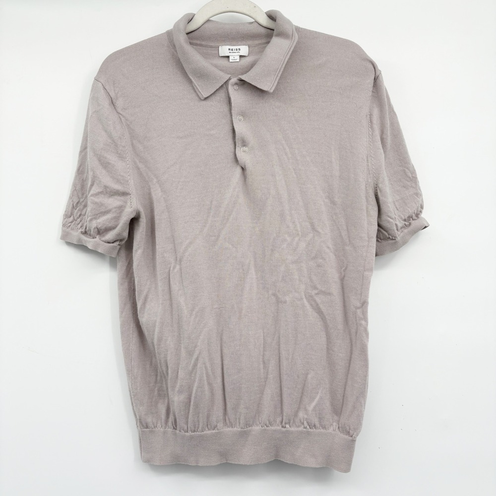 Reiss Mens Blair Extra Fine Merino Wool Knit Minimalist Snap Polo Shirt Taupe L